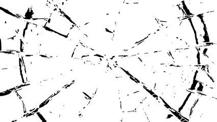 Crack effect collage of broken glass on white background. Transparent cracked black glass texture. Collection of cracks of broken glass on black background. Concept of shots on the window for design.