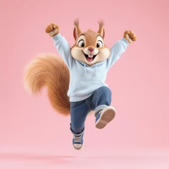 Jumping Squirrel Cartoon Character Celebrating with Joy on Pink Background