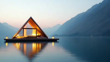 Modern a frame floating cabin on lake at twilight with mountain backdrop serene architectural design tranquil water reflection - Powered by Adobe