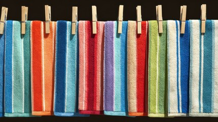 Fototapeta premium Colorful striped towels hanging on a clothesline