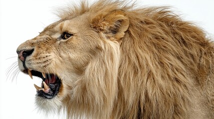 A lion roaring with a fierce expression and sharp teeth, is isolated on a white background, emphasizing its wild power and perfect for adding creative text.
