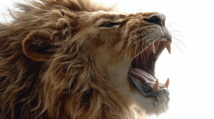 A lion roaring with a fierce expression and sharp teeth, is isolated on a white background, emphasizing its wild power and perfect for adding creative text.