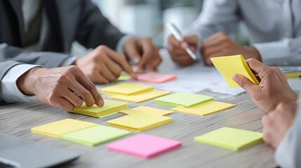 Collaborative planning: a group of business professionals strategizing and brainstorming with vibrant sticky notes during a meeting to achieve success.