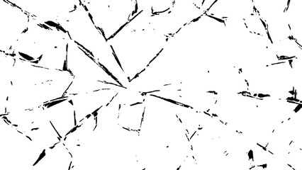 Crack effect collage of broken glass on white background. Transparent cracked black glass texture. Collection of cracks of broken glass on black background. Concept of shots on the window for design.