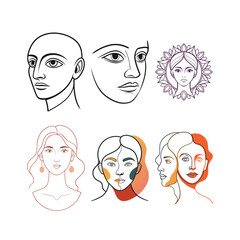 Collection of diverse abstract line art faces and portraits in minimalist style
