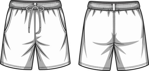 Men’s summer shorts mockup, front and back view, elastic waistband, casual fashion design, stylish apparel template, lightweight beachwear