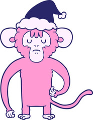 hand drawn line drawing of a monkey scratching wearing santa hat in bright neon color