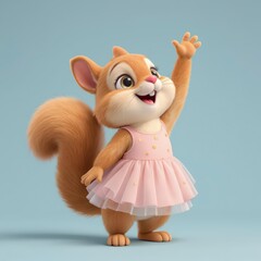 Cartoon Squirrel Waving Wearing Pink Tutu Dress