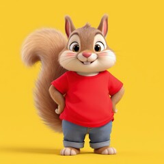 Standing Cartoon Squirrel in Red Shirt on Yellow Background