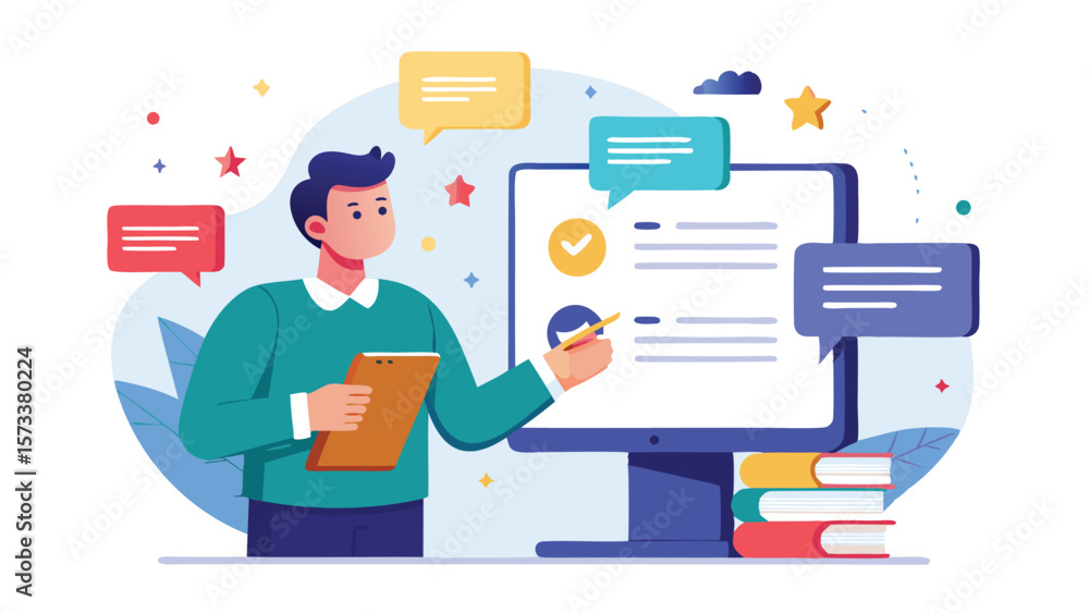 Poster illustration of a man checking a list on a computer with books and speech bubbles around him