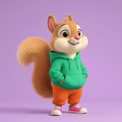 Cartoon Squirrel Standing in Hoodie on a Purple Background