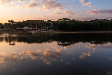 Lagoon reflecting the sky during a sunset in Goiás, Brazil.