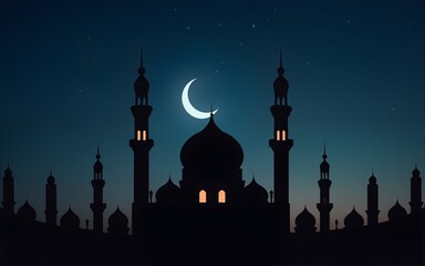Mosque and Crescent Moon at Night. High quality