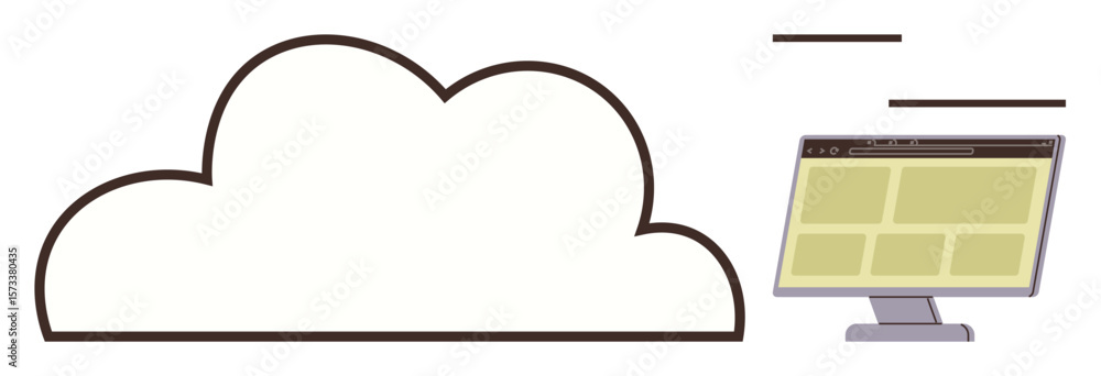 Poster cloud connected to a monitor with displayed content, symbolizing information sharing, web storage, a