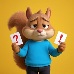 Obraz premium Confused Squirrel Holding Question Mark and Exclamation Point Cards