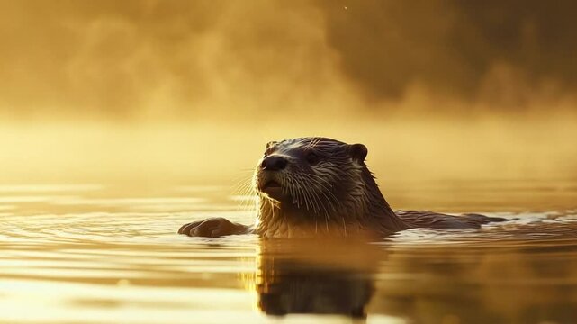 otter in river eden morning mist video