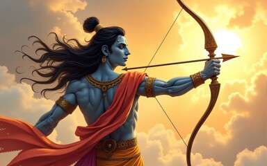 Lord rama illustration with bow and arrow hindu god mythology indian culture. High quality