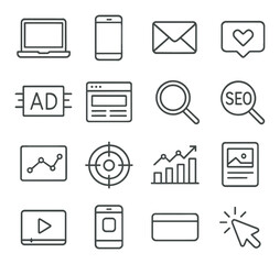 Digital marketing icon collection, online advertising and seo symbols for web design