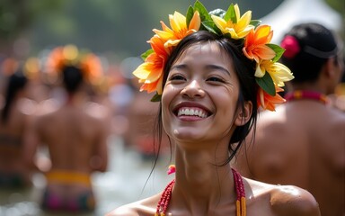 Woman celebrating water festival, joyful expressions, traditional costumes, Bali. High quality