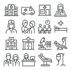 Medical facility icon collection, healthcare symbols. clinic and hospital design set