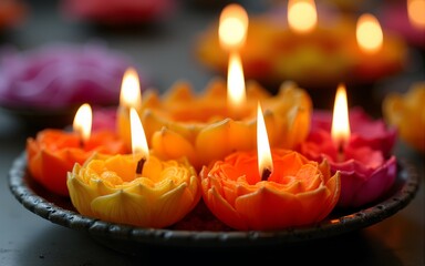 Vibrant colorful floral candles in a holder, lit with wicks and handmade, traditional style, popular for festivals and ceremonies. High quality