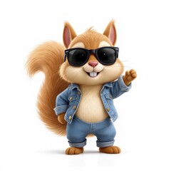 Squirrel Wearing Sunglasses and a Denim Outfit Standing and Posing