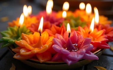 Vibrant colorful floral candles in a holder, lit with wicks and handmade, traditional style, popular for festivals and ceremonies. High quality