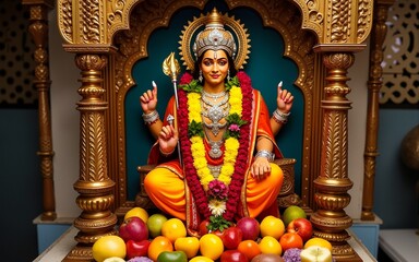 Ornate Hanuman Shrine Adorned with Flowers and Fruit Offering. High quality