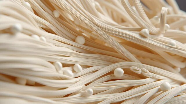 Soft enoki mushroom strands with delicate natural texture and organic bone strength create elegant food pattern showcasing fine strand resilience