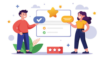 People interacting with a checklist and star rating system in a modern flat illustration style