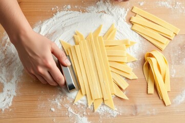 A table with pasta dough being cut into strips, hands using a ro
