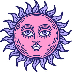 iconic tattoo style image of a sun with face in bright neon color