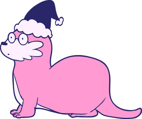 hand drawn line drawing of a otter wearing santa hat in bright neon color