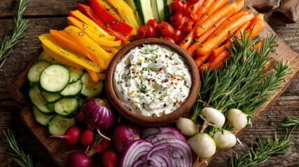 Colorful vegetable platter with dip