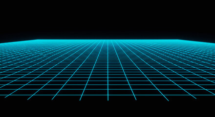 Retro 80s synthwave style glowing grid receding into the dark.

