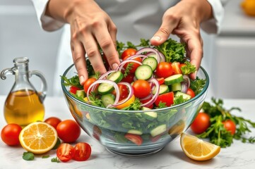 Hands mixing salad in a large glass bowl, surrounded by lettuce,