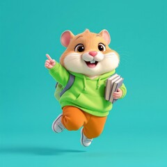 Hamster Jumping with Books and Backpack Pointing Up
