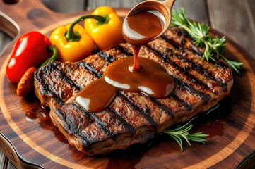 Hands pouring sauce over grilled meat on wooden board, herbs, sp