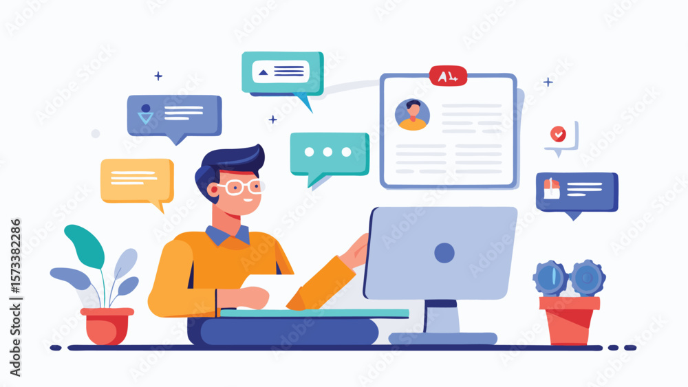 Poster illustration of a man working on a computer surrounded by message bubbles and potted plants design