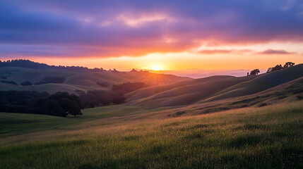Fototapeta premium A peaceful sunrise over rolling hills, a perfect moment for mindful reflection (1)
