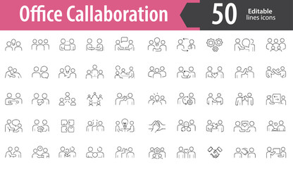 Fototapeta premium Office Collaboration Line Icons, Team Meeting, Group Discussion, File Sharing, Project Planning, Workflow Connection, Editable Formats: AI, EPS, PNG, JPG, Ideal for Both Digital and Print Use 