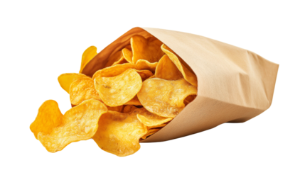 Potato chips in beige case isolated on white background or transparent PNG, crispy golden slices neatly packed for snacking.
