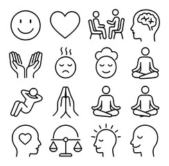 Well-being and mindfulness collection, meditation and mental health icon set