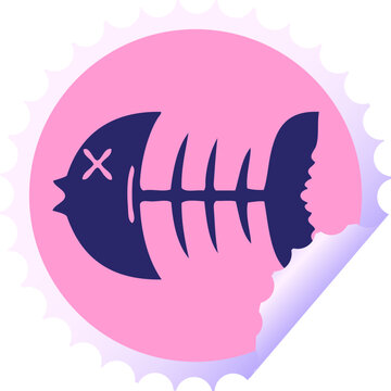 Naklejki circular peeling sticker quirky cartoon dead fish bone in bright neon color