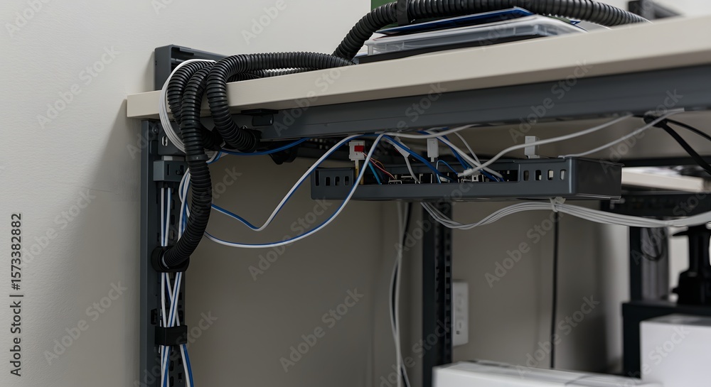 Poster organized connectivity: a close-up view of the underside of a computer desk showcases meticulously o