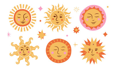 Summer Solstice bright set collection with sun . Vector illustration in folk style. Set of holiday background designs for postcards, posters, wall art
