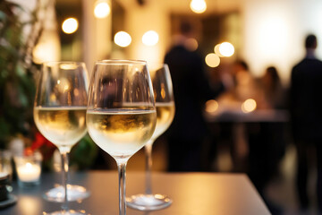 Three elegant glasses filled with chilled white wine on a table with soft bokeh background lights isolated on white background