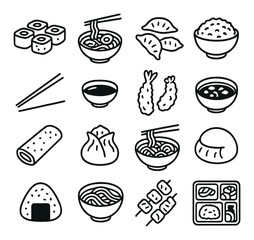 Asian food icon collection: cuisine symbols, culinary elements. gastronomy and dining set