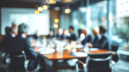 Blurred boardroom scene featuring professionals gathered around a table, engaging in a business meeting discussion in modern office.