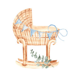 Baby Boy cradle from rattan with Bunting Party blue Flags and eucalyptus bouquet in Vintage style isolated on a white background. Hand drawn Watercolor Crib illustration in eco style. Children's